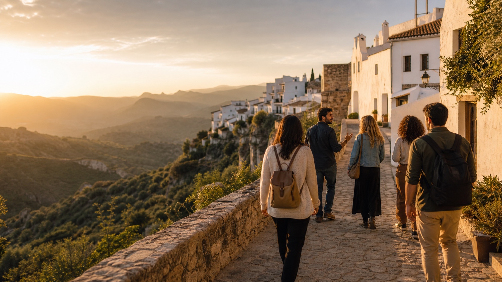 Viajeros recorriendo un pueblo blanco de Andalucía con un guía local