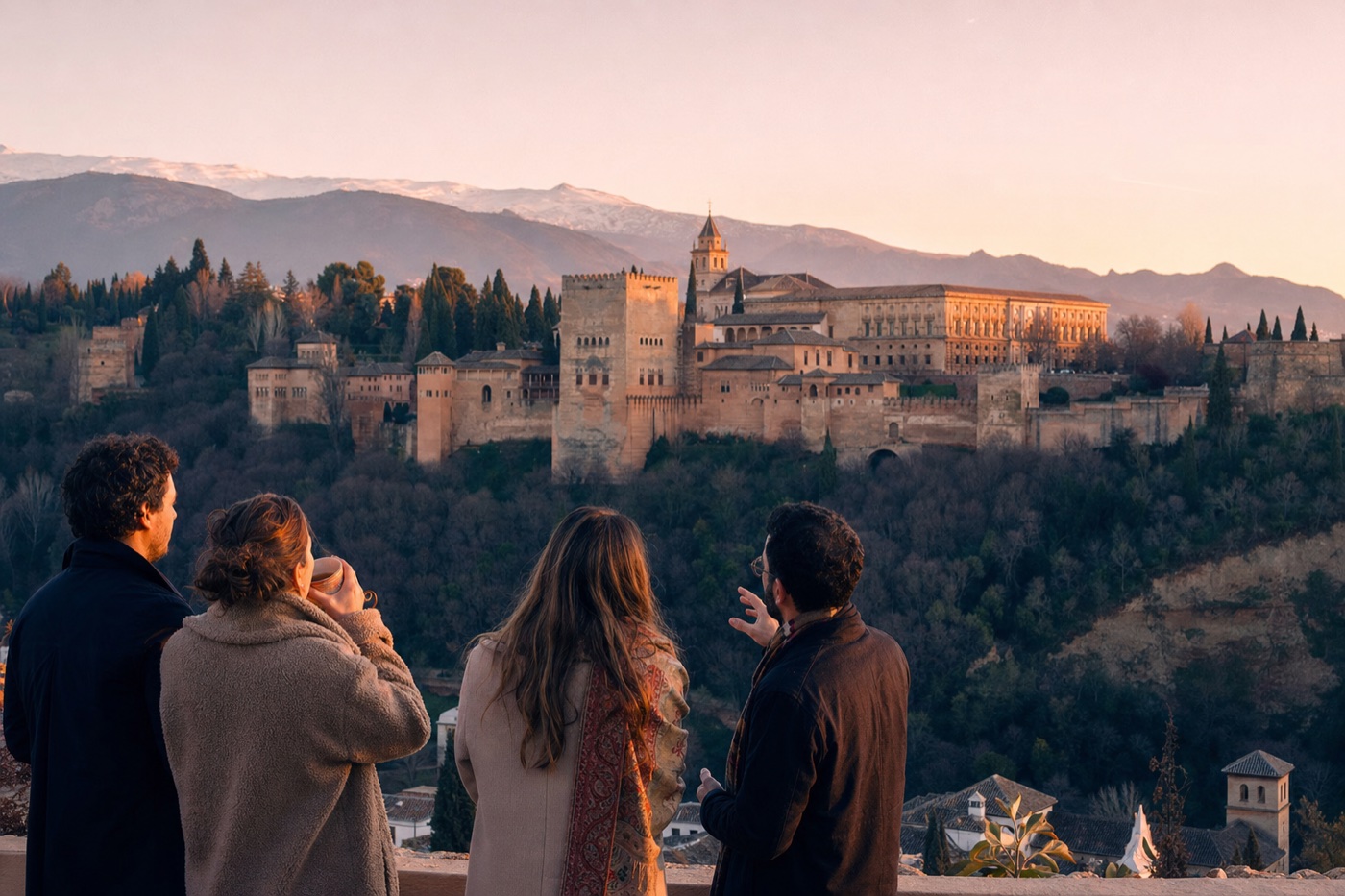 Pequeño grupo observando la Alhambra iluminada por el amanecer