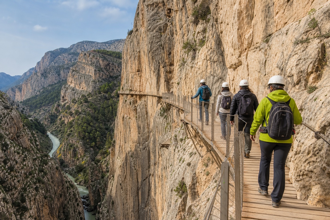 Viajeros recorriendo con seguridad el Caminito del Rey en Málaga