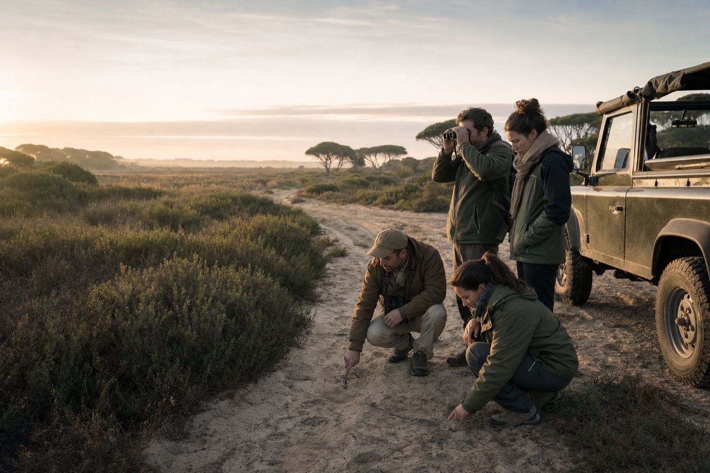 Naturalista y viajeros buscando huellas en el Parque Nacional de Doñana