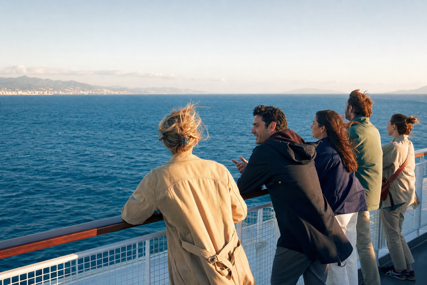 Viajeros cruzando en ferry el Estrecho de Gibraltar hacia Tánger