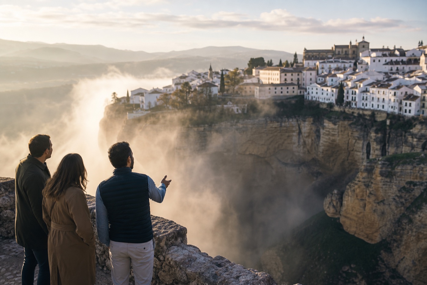 Viajeros y guía contemplando Ronda mientras se levanta la niebla