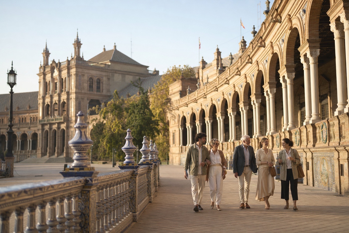 Familia disfrutando de una visita privada por la Plaza de España de Sevilla