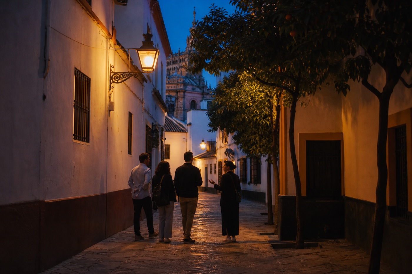 Grupo recorriendo con una guía las calles de Sevilla al anochecer