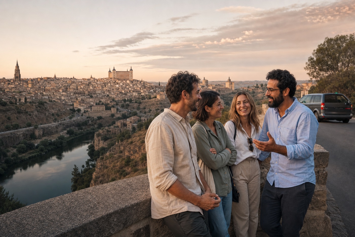 Amigos conversando con su guía ante la panorámica histórica de Toledo