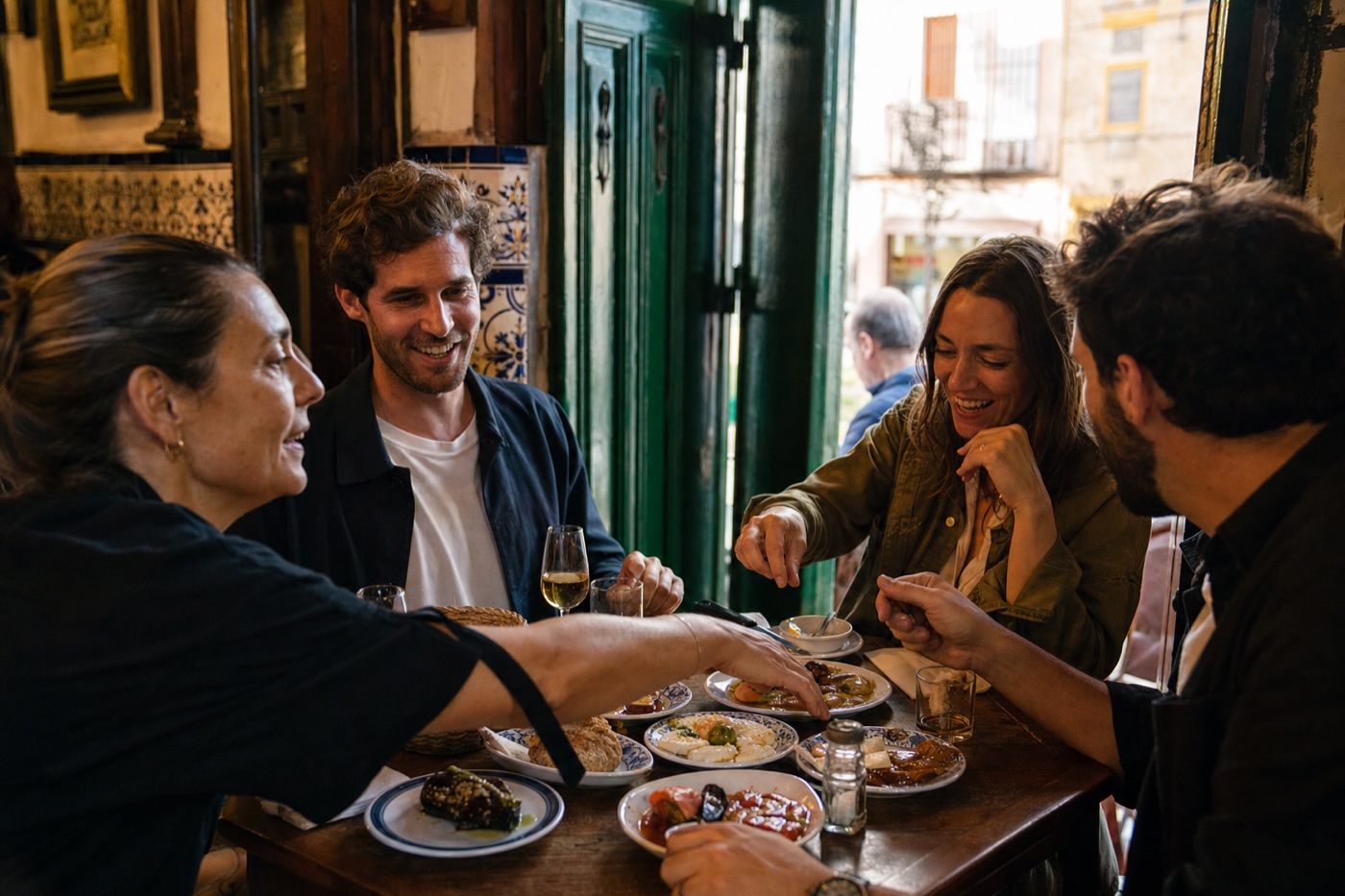 Viajeros compartiendo tapas con una guía local en Triana